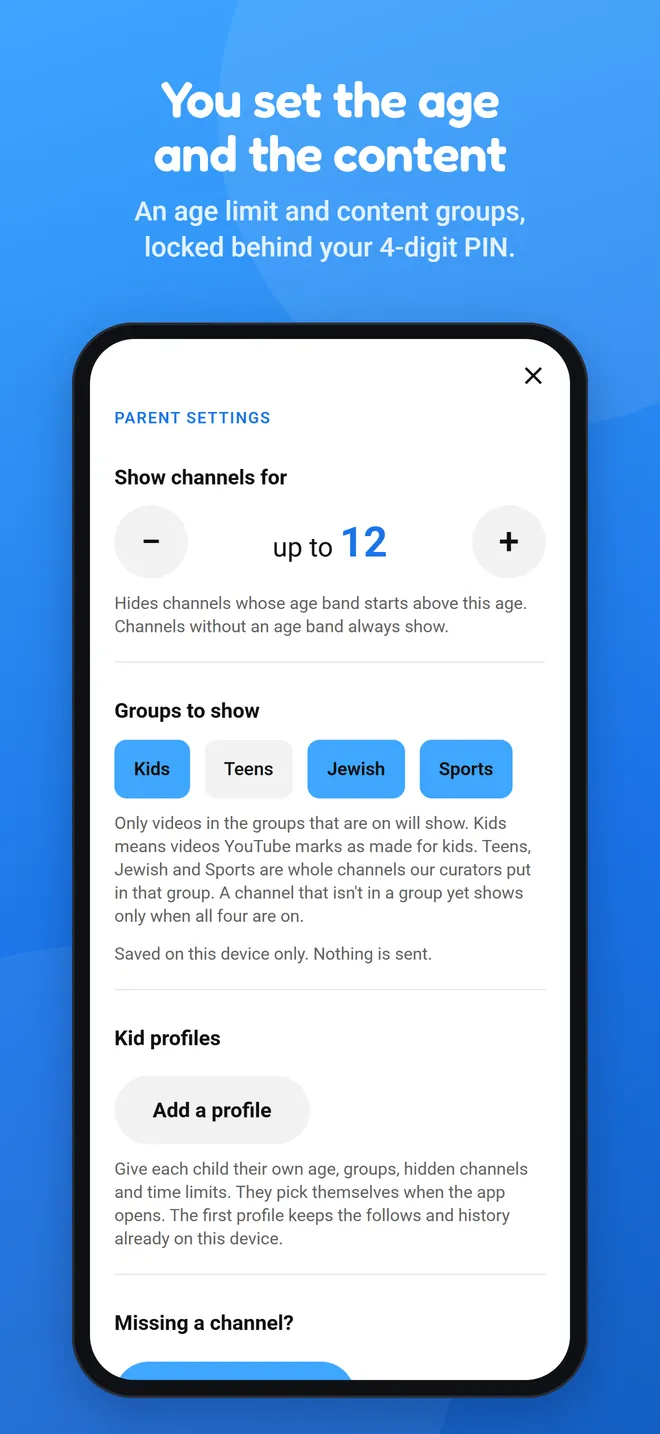 Parent settings: show channels for ages up to 12, and the content groups Kids, Teens, Jewish and Sports